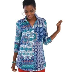Chico's No Iron Button Front tunic top blue mixed print